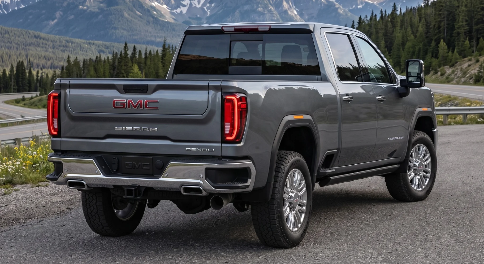GMC Sierra cargo bed shown from the rear with tailgate down, illustrating bed length and width for Waxahachie truck buyers