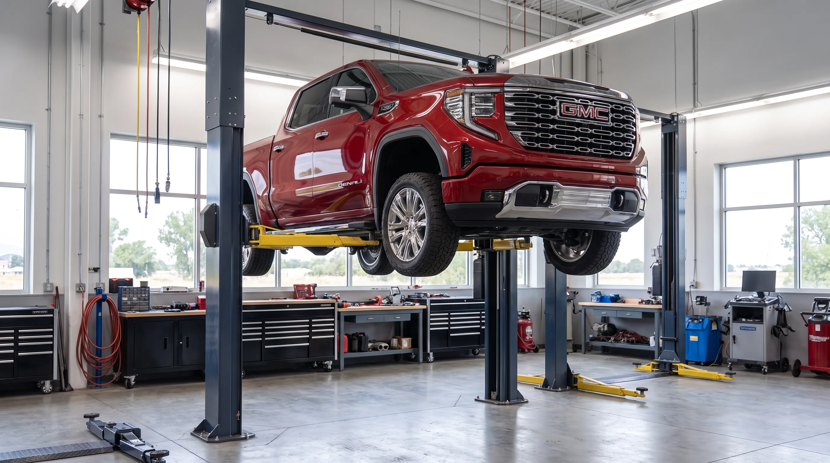 Técnico de servicio realizando una inspección de mantenimiento de otoño en un vehículo GMC