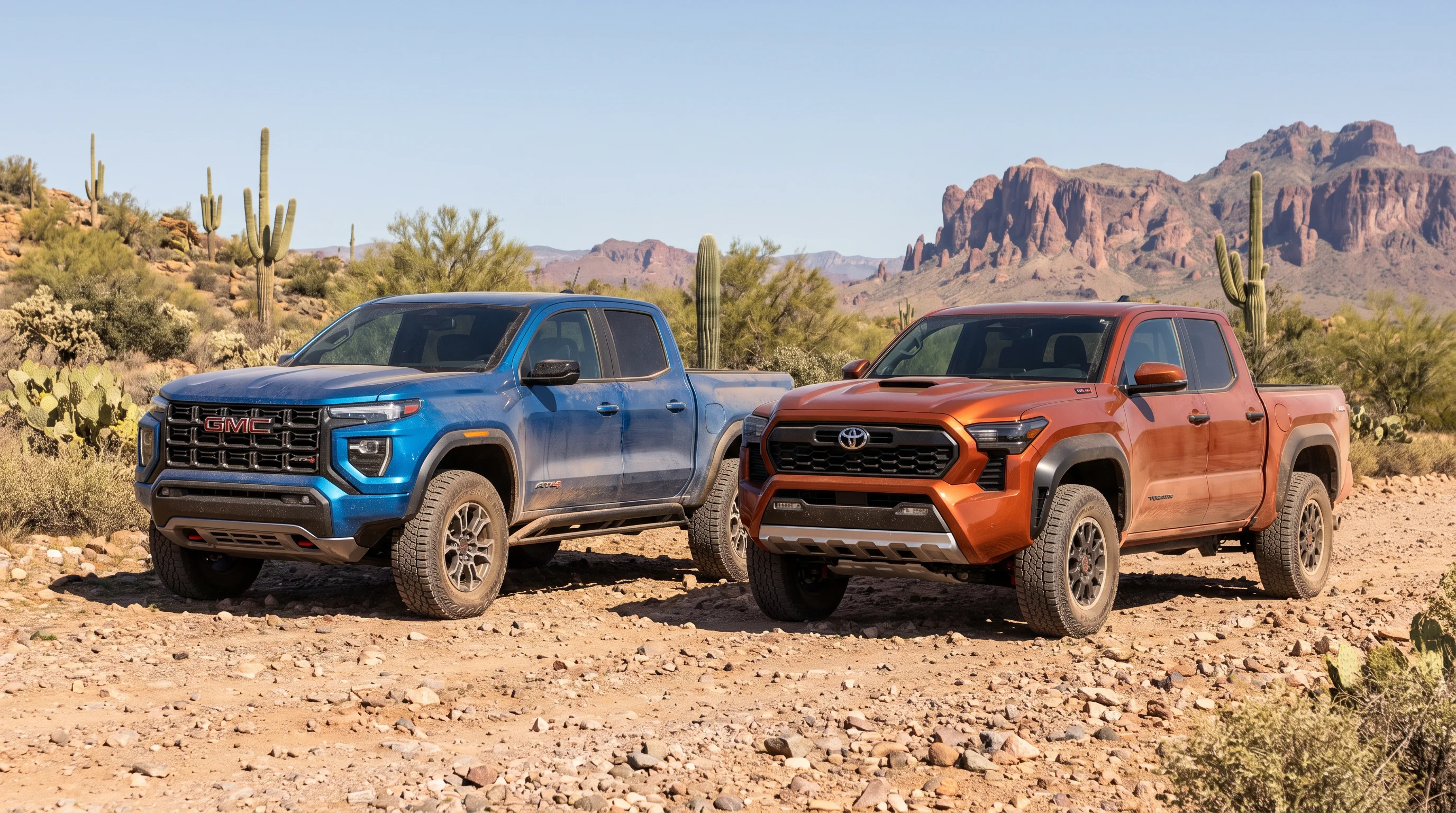 A 2026 Toyota Tacoma and a 2026 GMC Canyon pickup truck shown side by side
