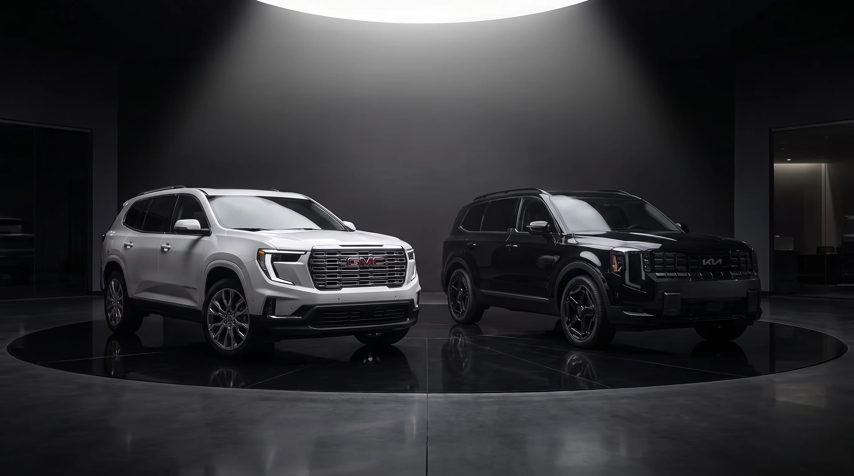 2027 GMC Acadia and 2027 Kia Telluride three-row SUVs shown side by side at Legacy GMC of Waxahachie