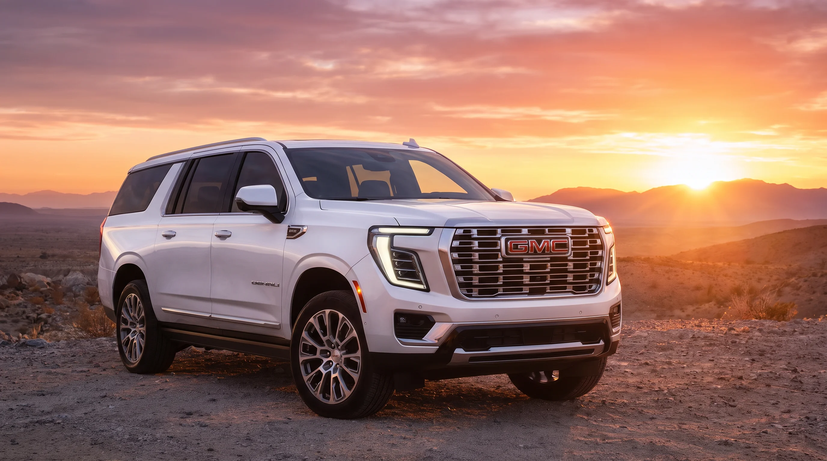 White 2027 GMC Yukon Denali full-size SUV parked on a desert overlook at sunset