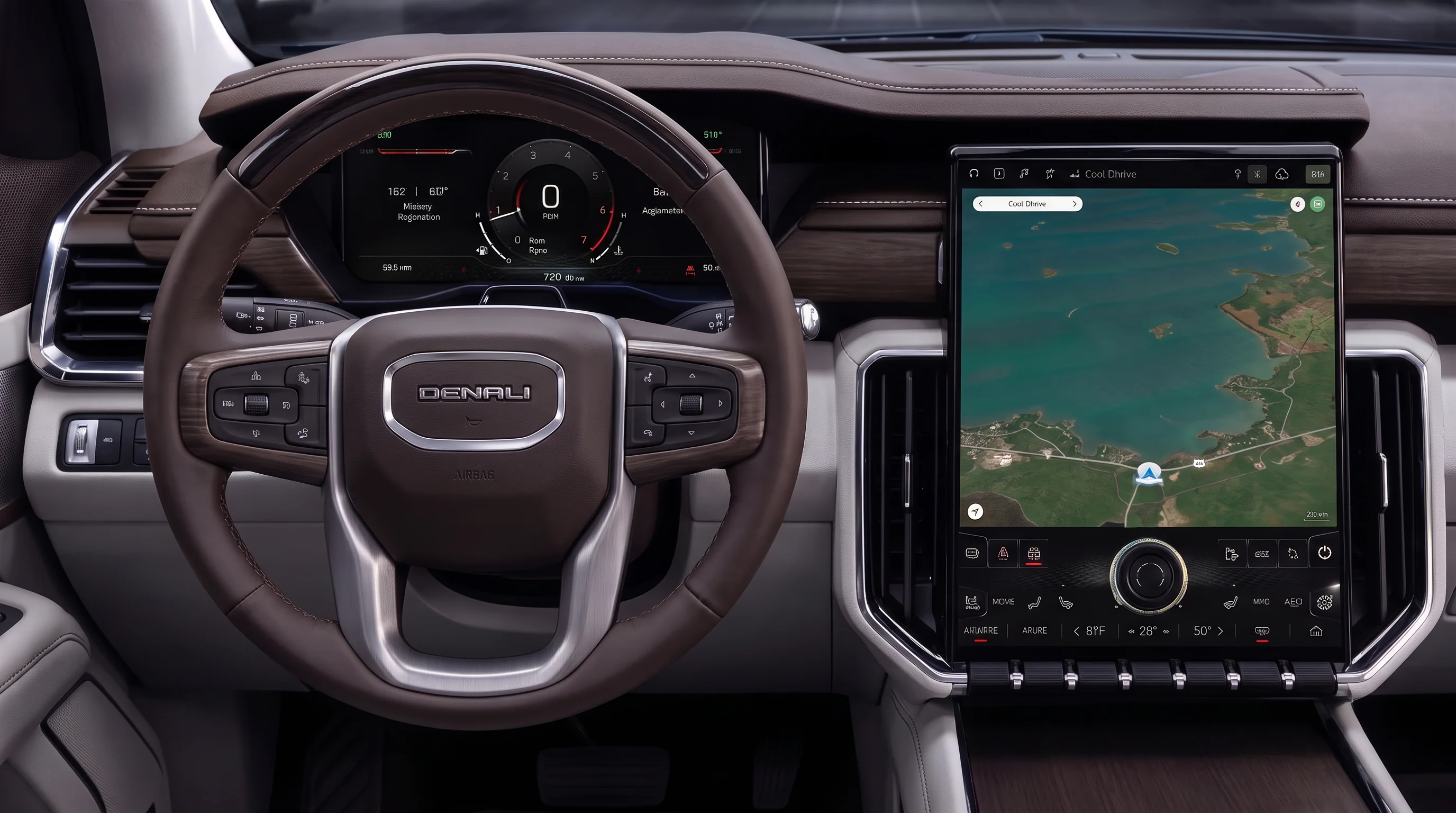 Interior of the 2027 GMC Acadia three-row SUV with its portrait-oriented touchscreen