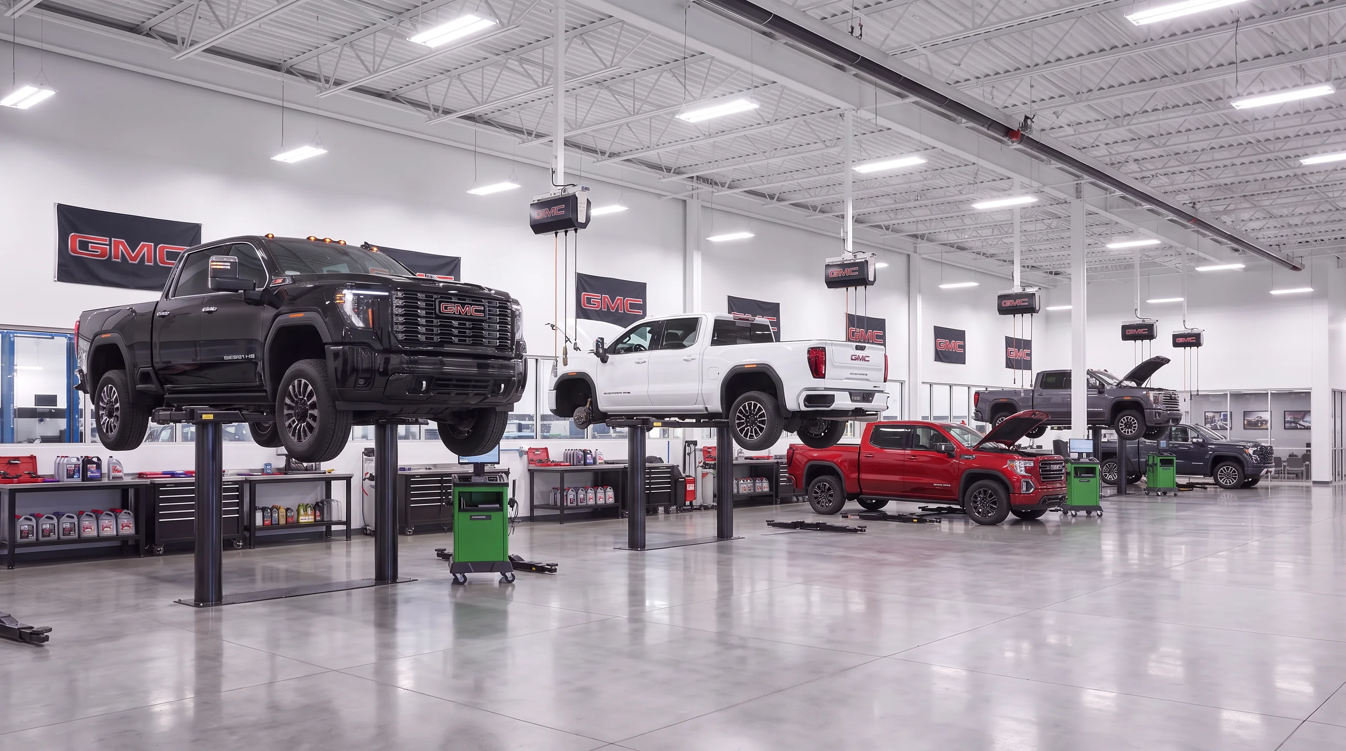 GMC Sierra pickup trucks on service lifts in a GMC dealership service bay