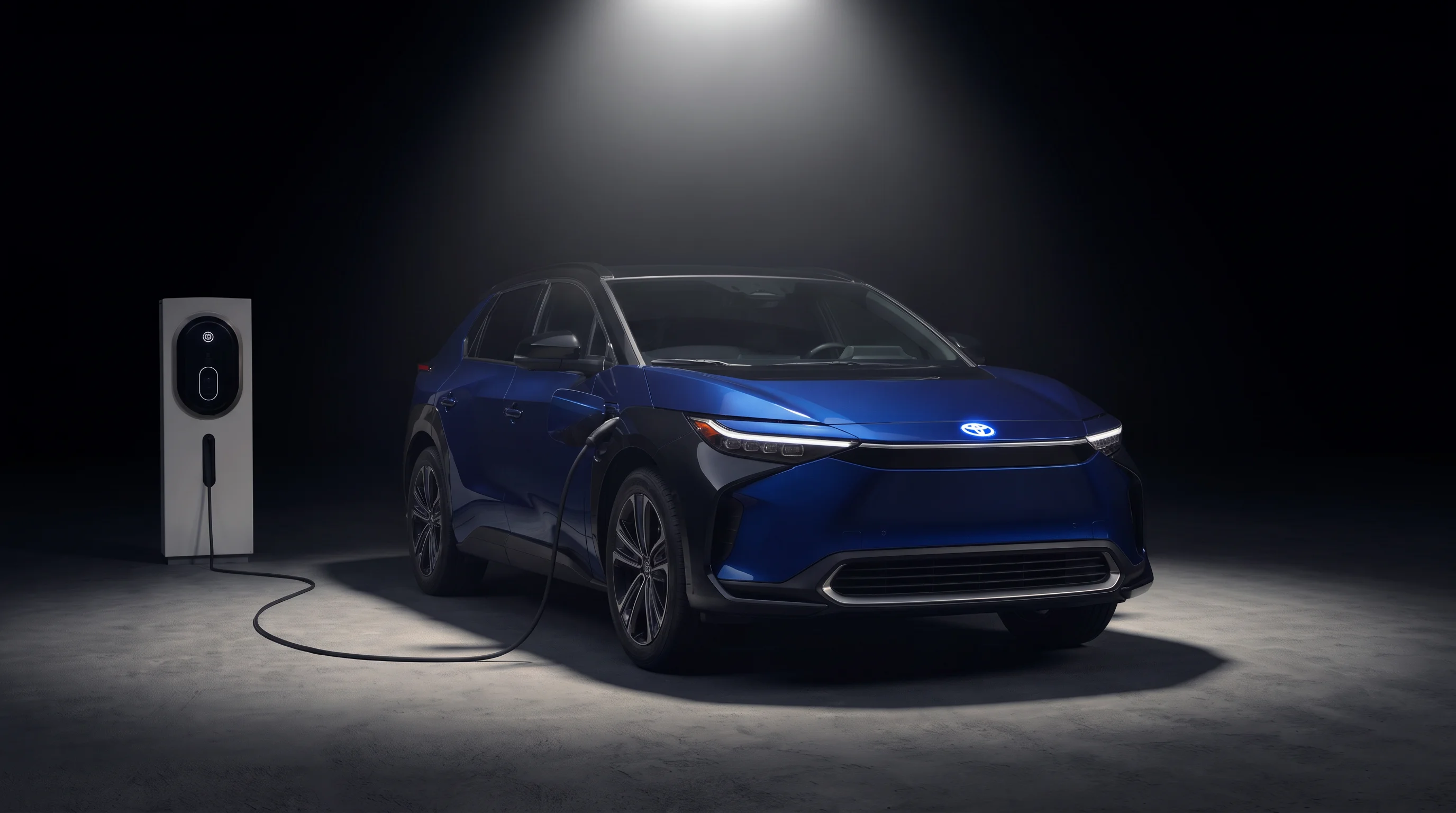 Toyota bZ all-electric SUV parked outside a home, representing overnight Level 2 charging for Dallas drivers