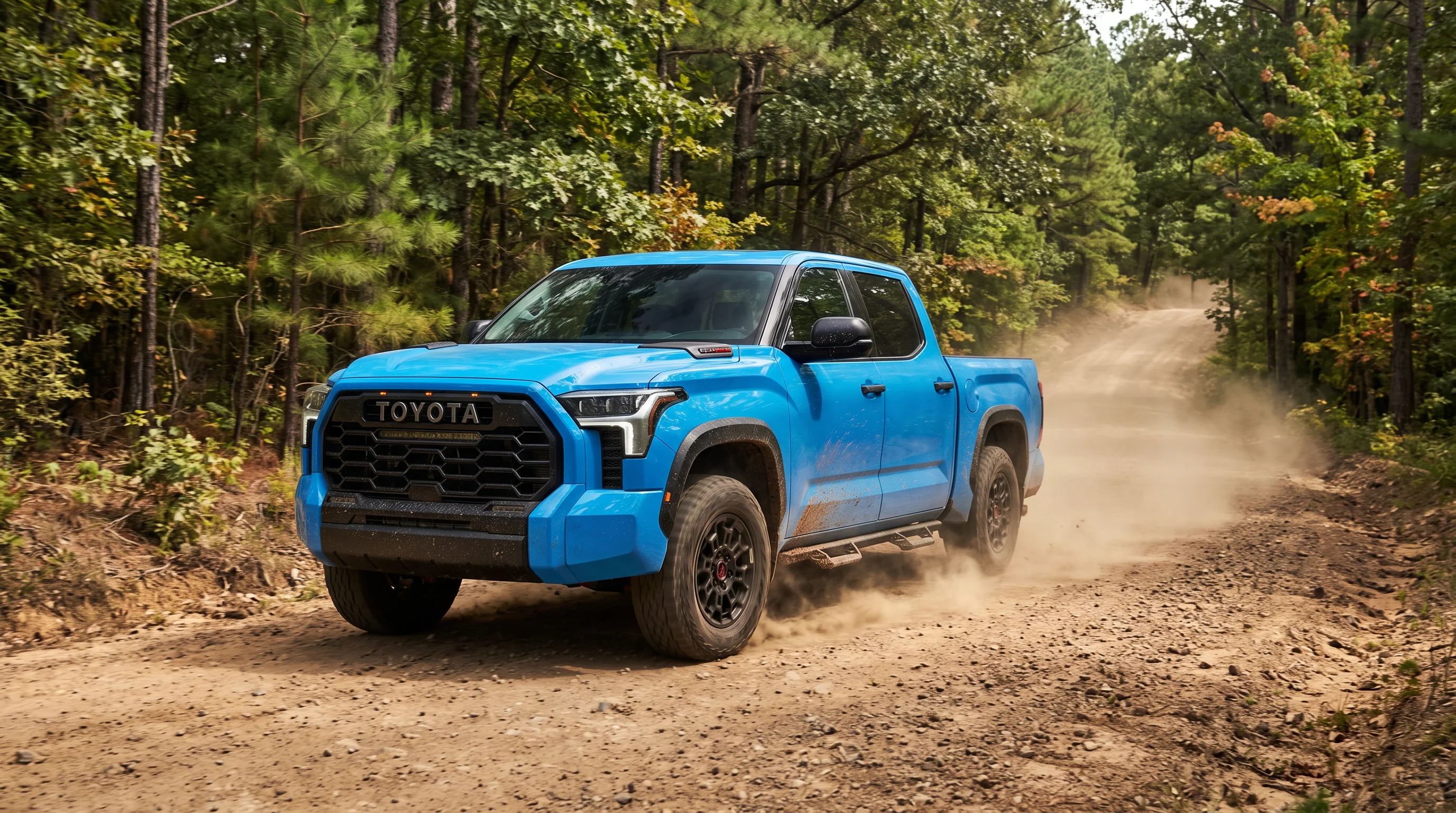 2026 Toyota Tundra driving on a backroad, available with i-FORCE and i-FORCE MAX powertrains at Legacy Toyota of Dallas