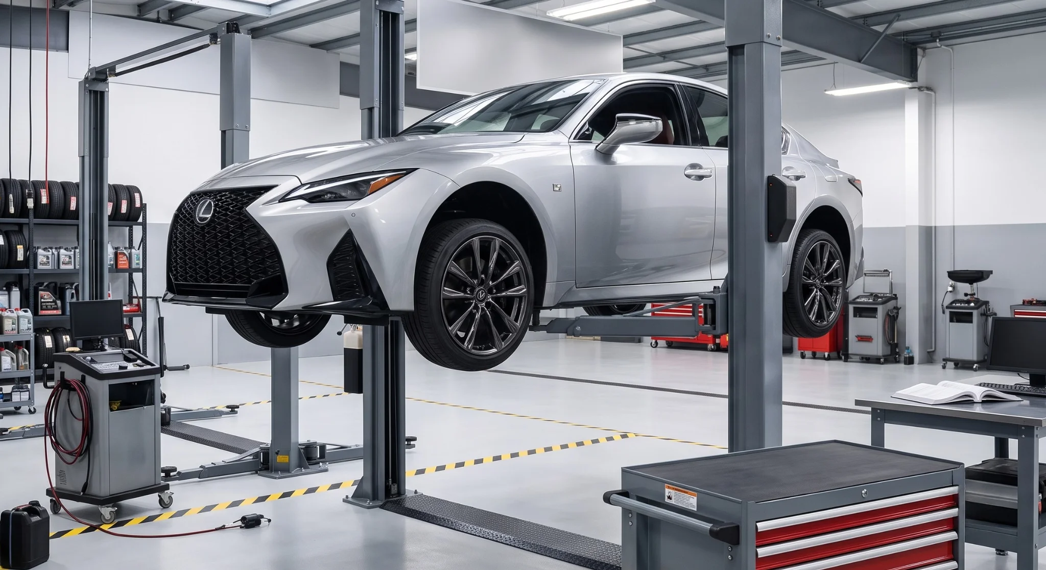 Lexus service technician performing a summer maintenance inspection at Lexus of Woodland Hills