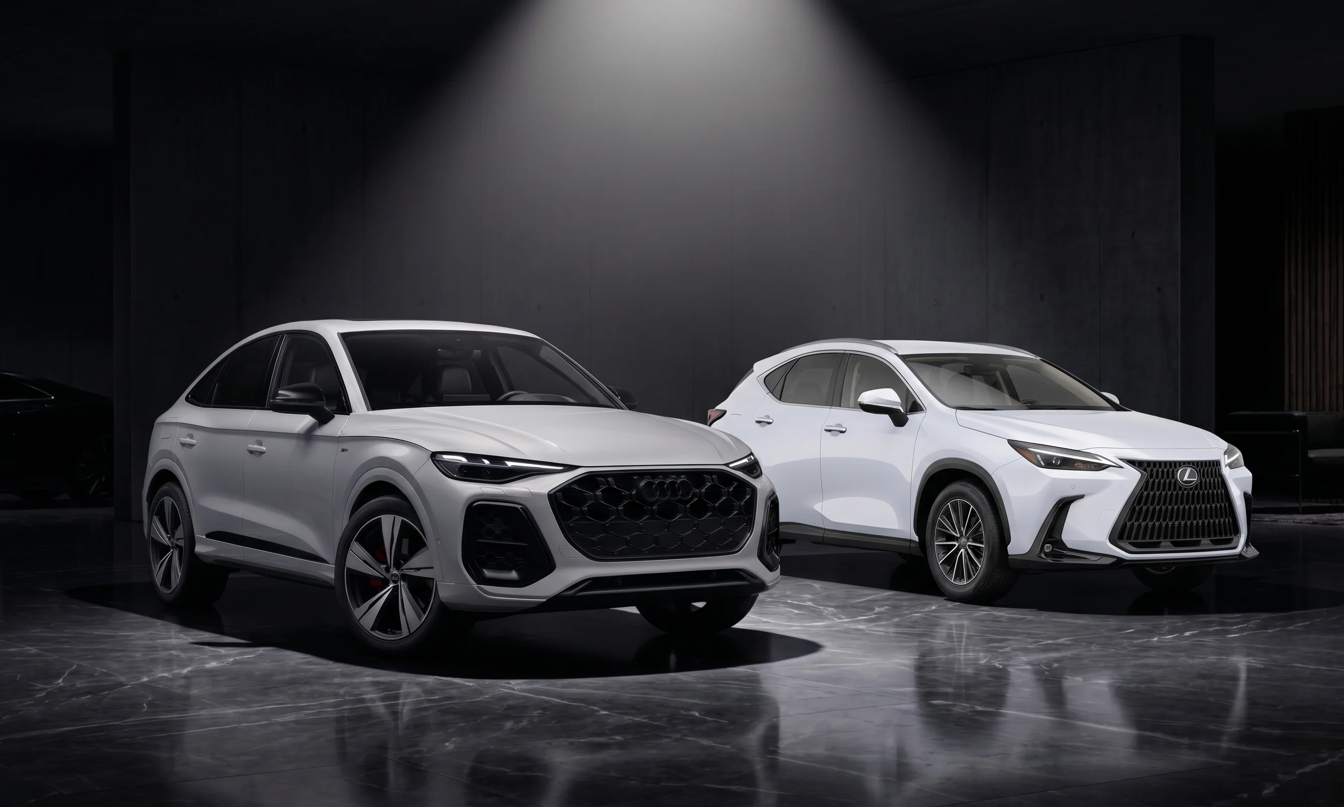 2026 Lexus NX compared with the 2026 Audi Q5 compact luxury SUV at Lexus of Woodland Hills