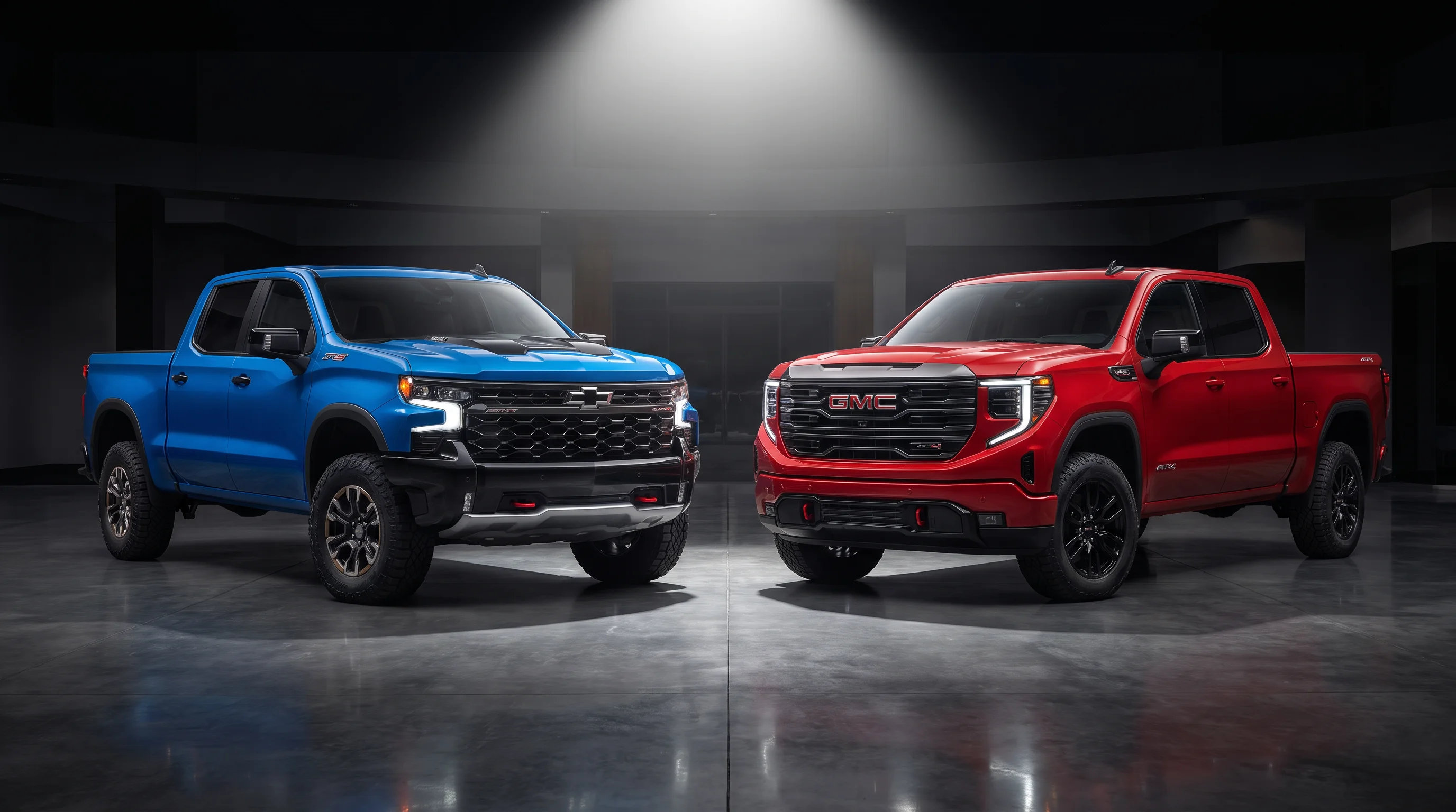 2026 Chevrolet Silverado 1500 and 2026 GMC Sierra 1500 shown side by side for comparison