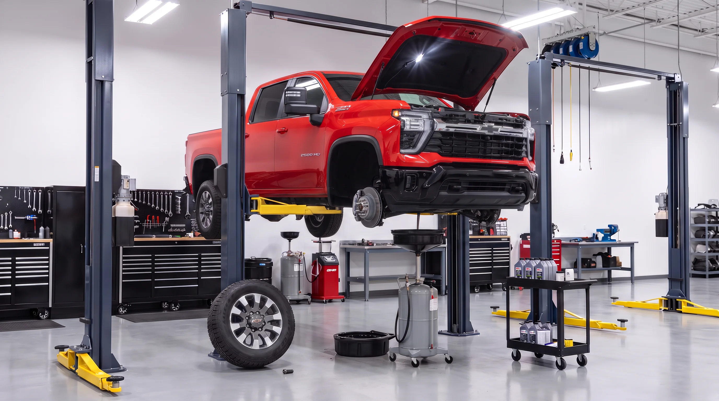 Red Chevrolet Silverado 2500 HD raised on a service lift with the hood open and a wheel removed