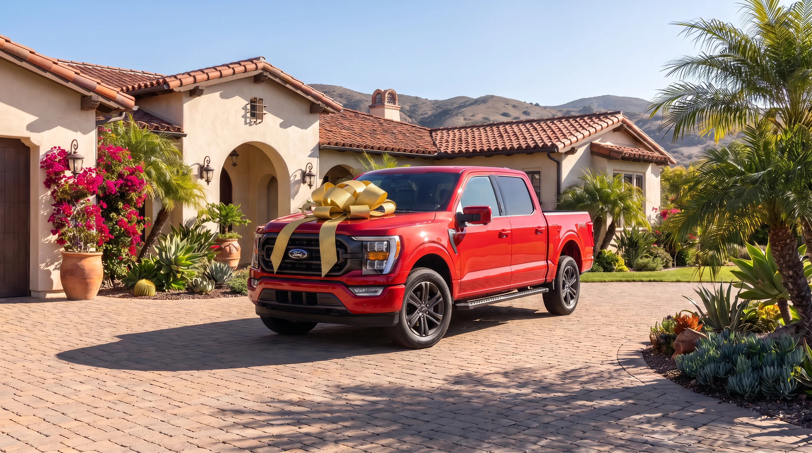 Red Ford F-150 pickup with a gold gift bow parked in a home driveway