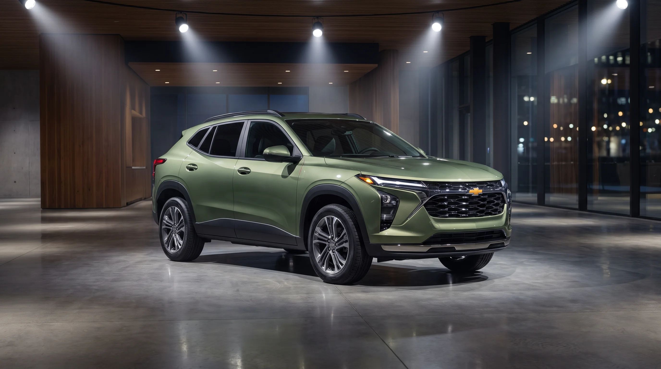 Green 2026 Chevrolet Trax compact SUV parked in a modern showroom