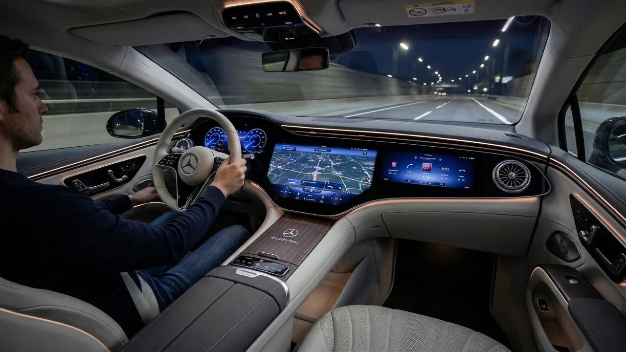 Mercedes-Benz MBUX Hyperscreen curved display spanning the dashboard of an EQS sedan