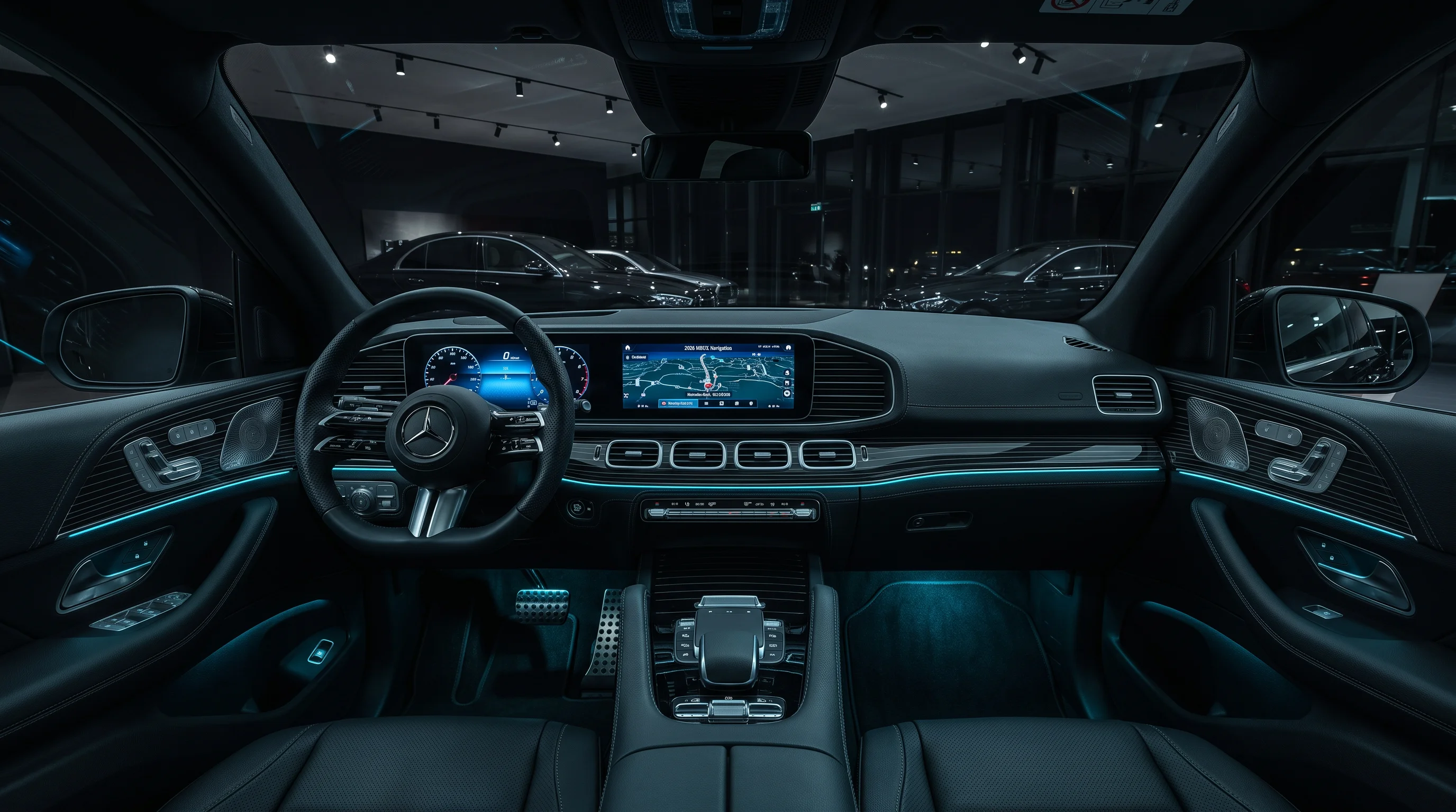 2026 Mercedes-Benz GLE interior showing the dual 12.3-inch displays and front seating