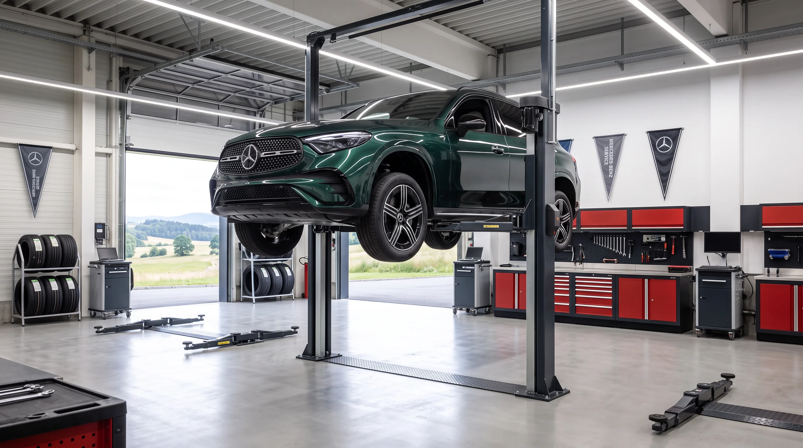 Mercedes-Benz GLC undergoing a multi-point inspection at the El Cajon service department