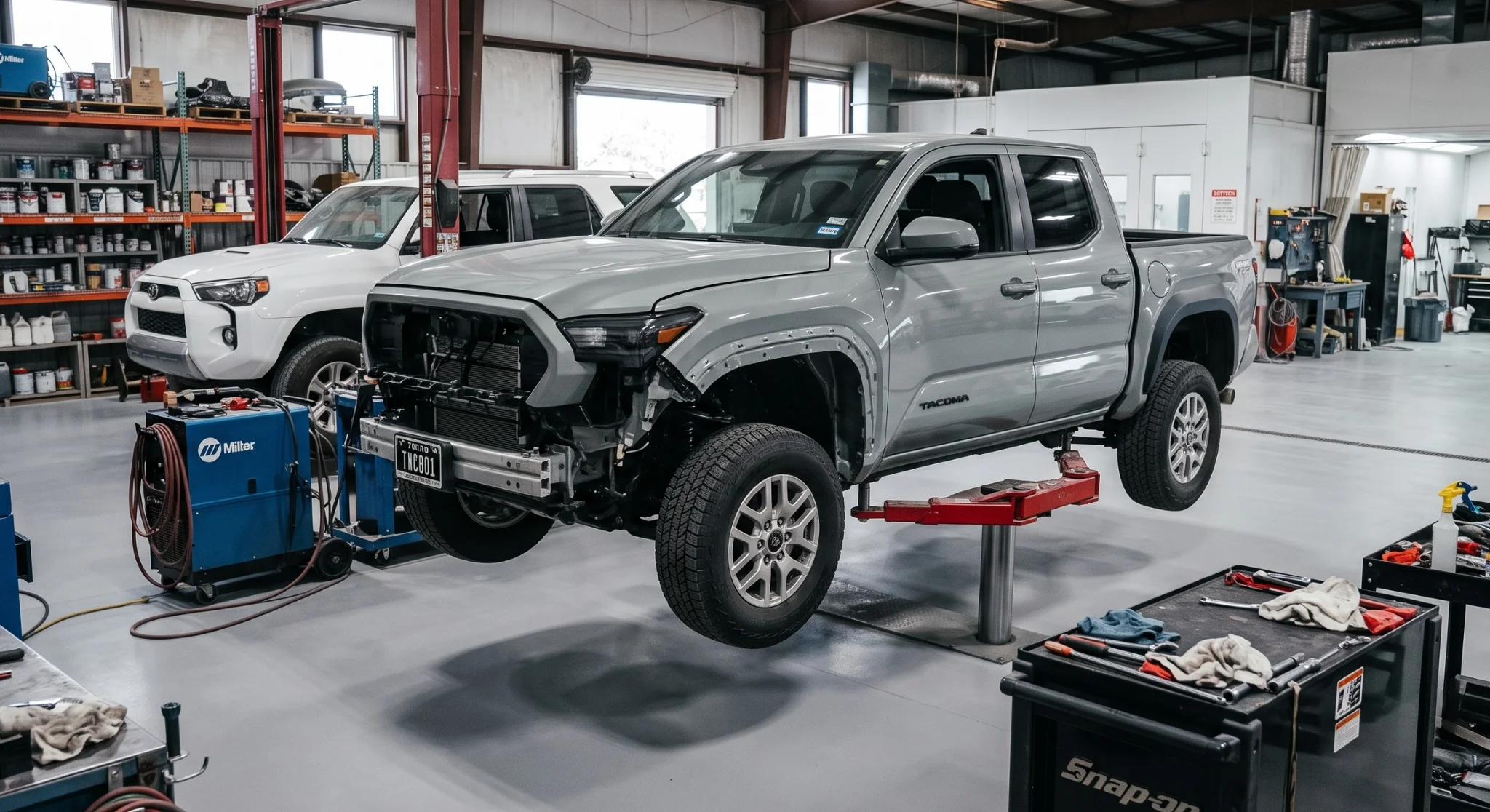 Collision-damaged vehicle being inspected at a California auto body repair shop