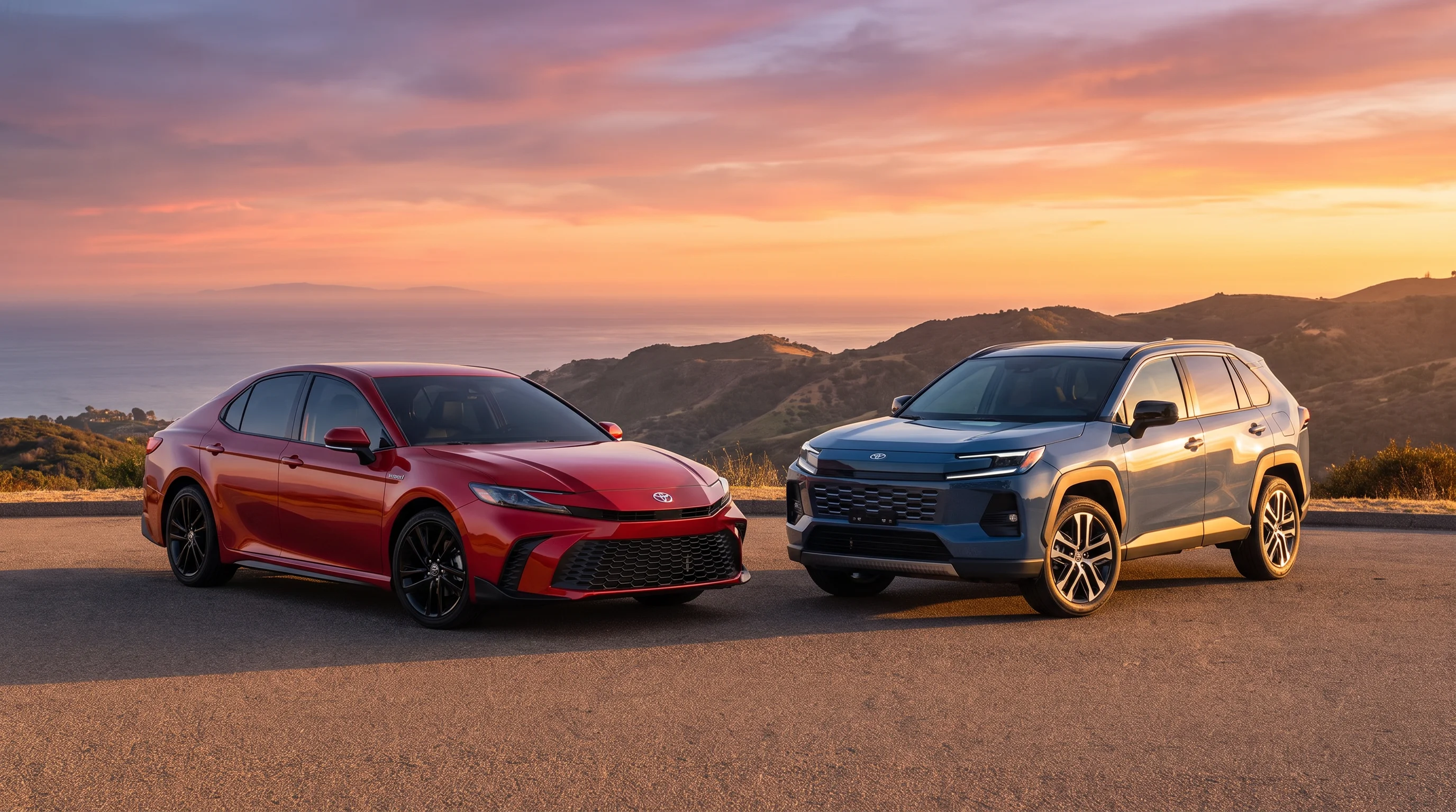2026 Toyota Camry hybrid sedan and 2026 Toyota RAV4 hybrid SUV compared at North Hollywood Toyota