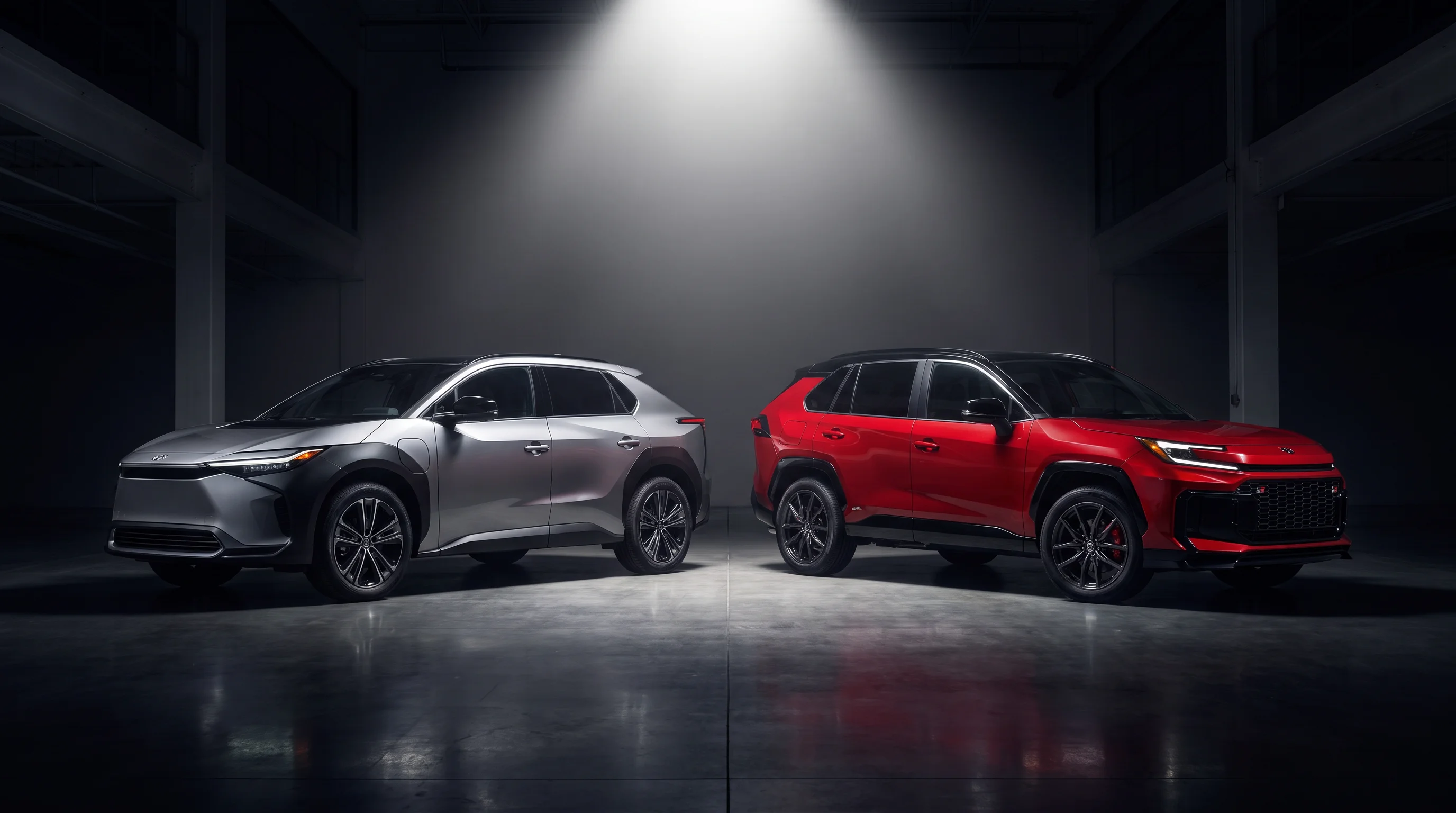 2026 Toyota bZ and 2026 Toyota RAV4 Plug-in Hybrid shown side by side at North Hollywood Toyota