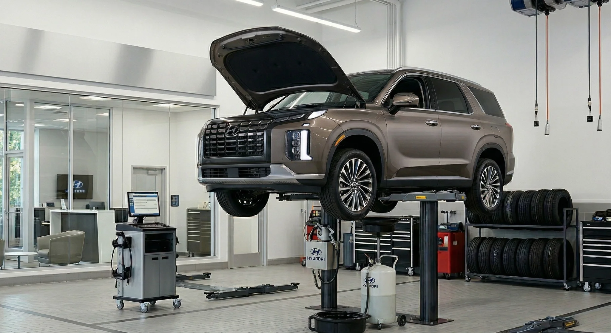 Hyundai vehicle receiving full service inspection at Ontario Hyundai Service Department