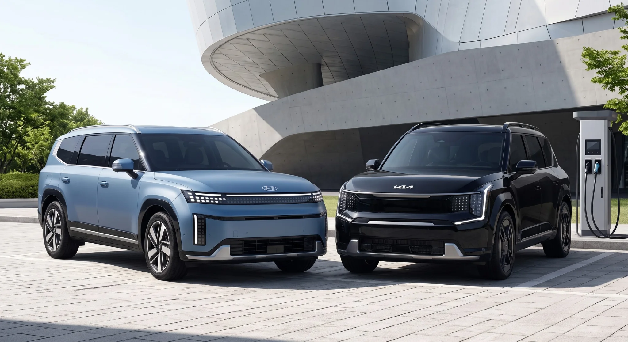 2026 Hyundai IONIQ 9 three-row electric SUV parked, compared against the 2026 Kia EV9 at Ontario Hyundai
