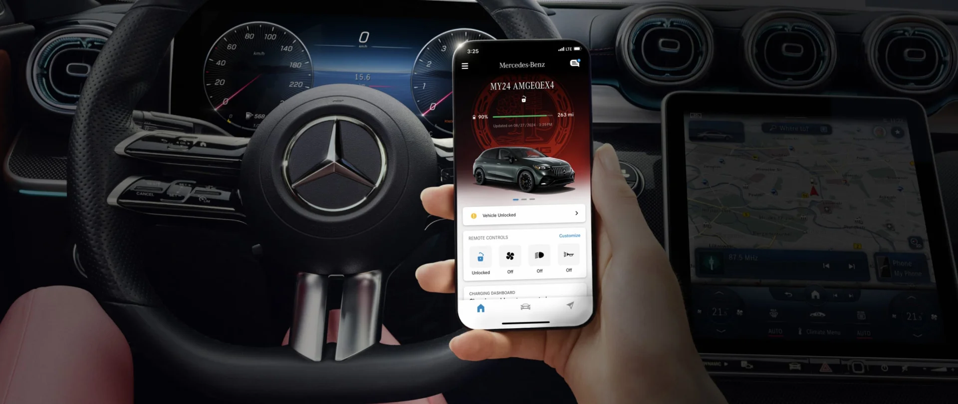 Mercedes-Benz app interface showing connected vehicle features
