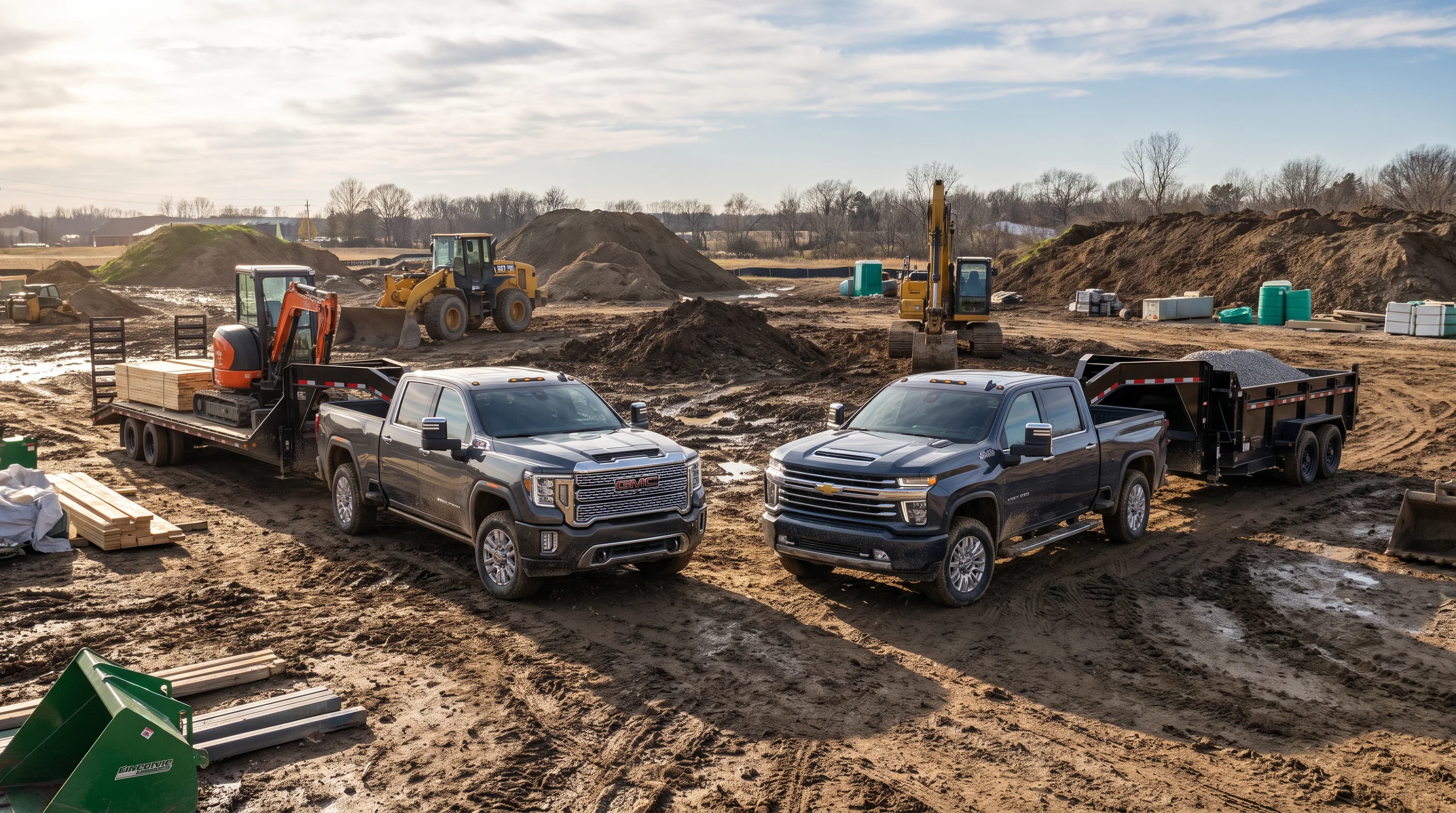 2026 Chevrolet Silverado 2500HD and 2026 GMC Sierra 2500HD heavy-duty pickup trucks shown side by side for comparison