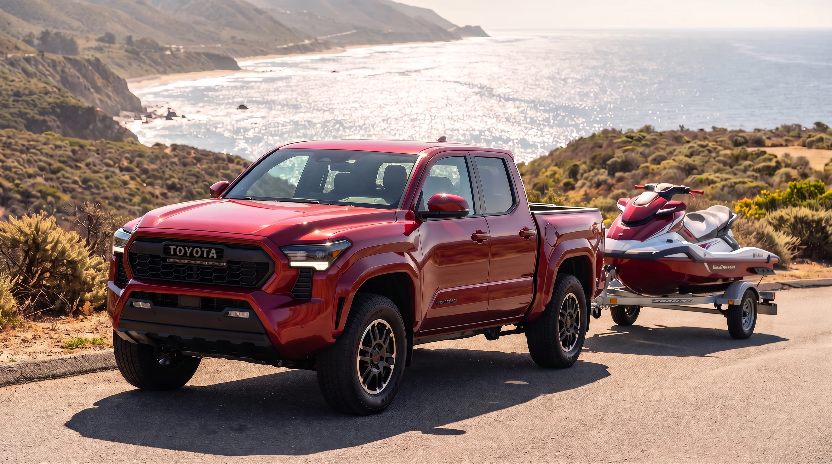 Toyota Tacoma 2026 remolcando una moto acuática en un remolque por carretera