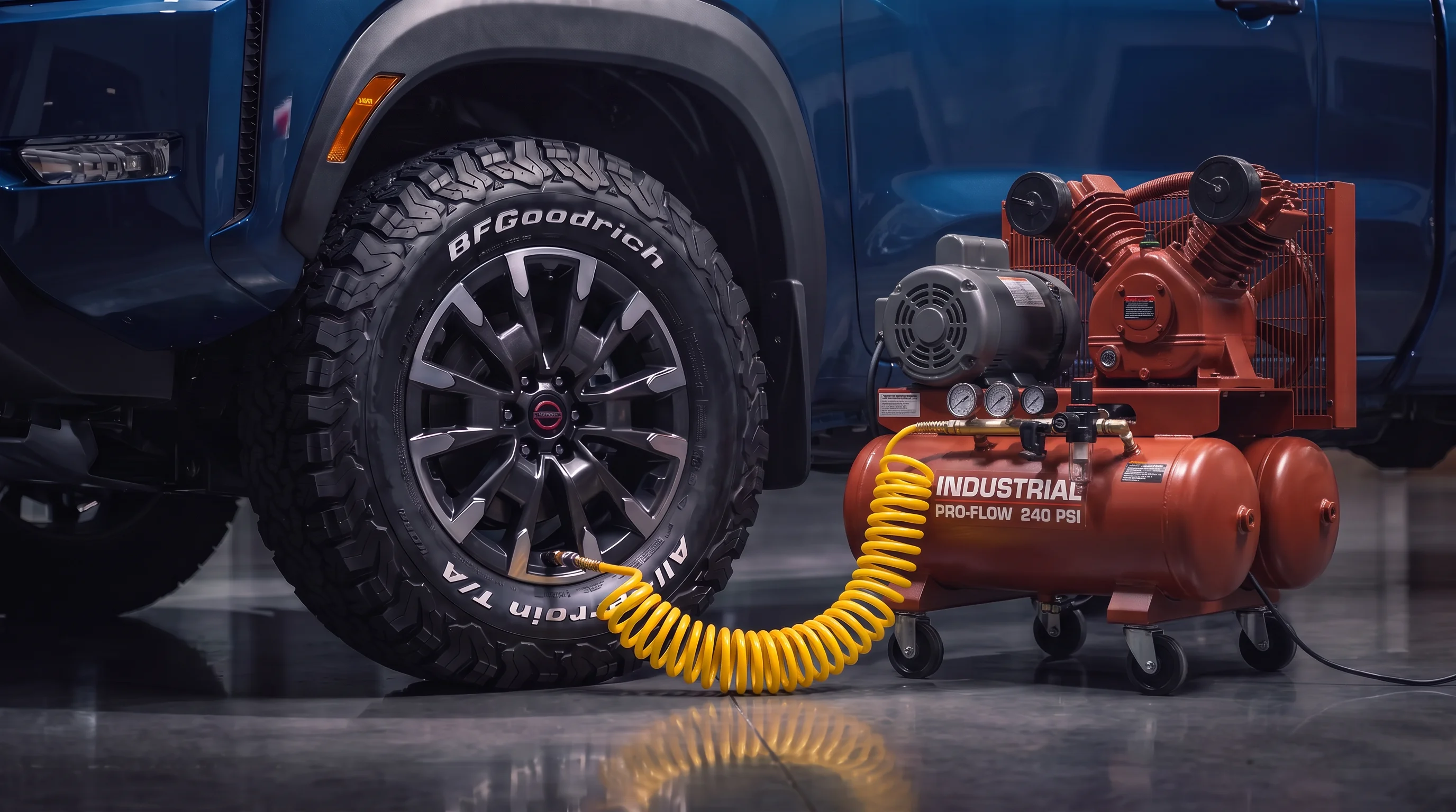 Checking tire pressure on a car tire during routine tire maintenance