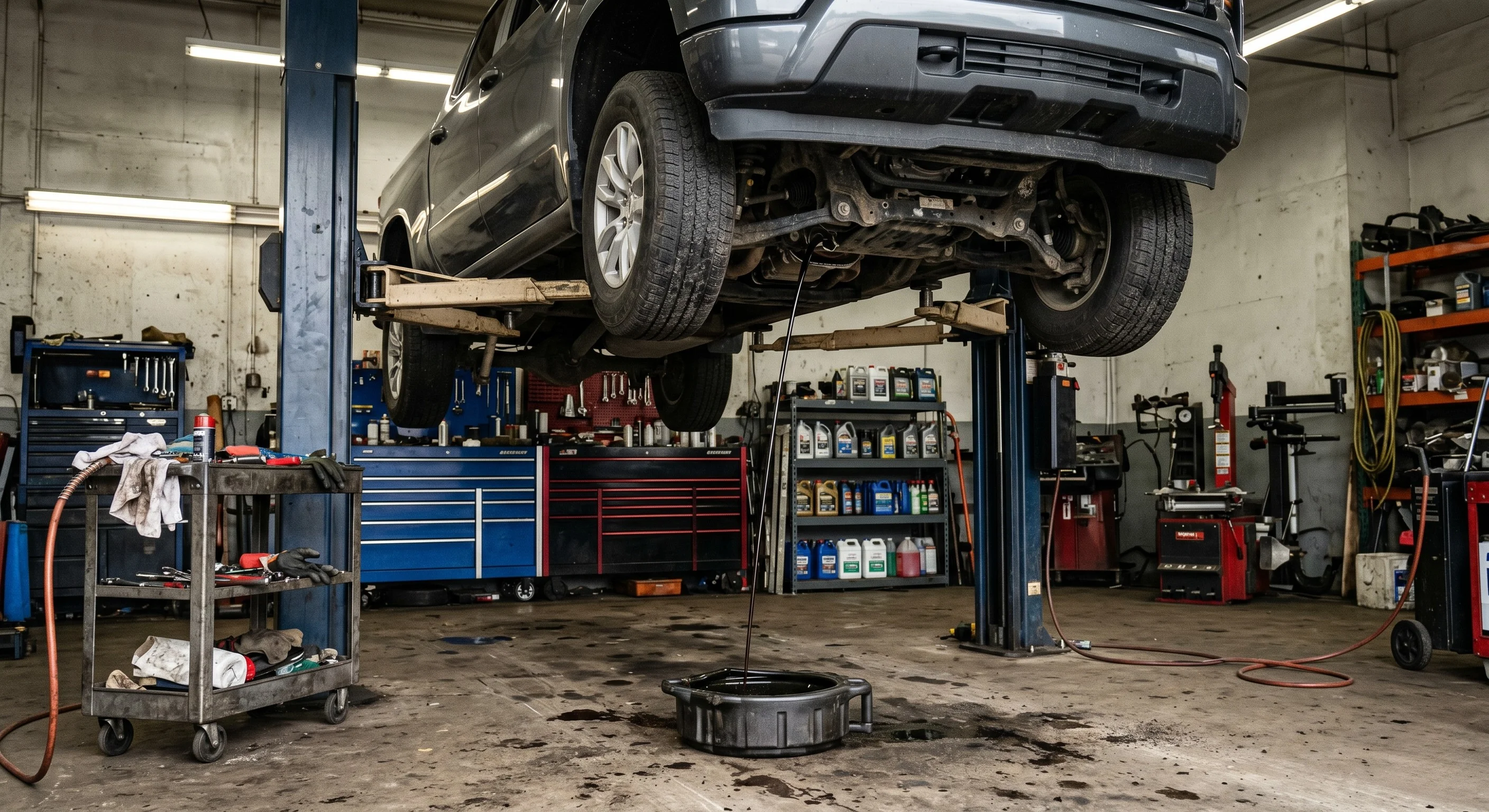 Certified technician performing a Chevrolet synthetic oil change at Riverside Chevrolet service center in Riverside, CA