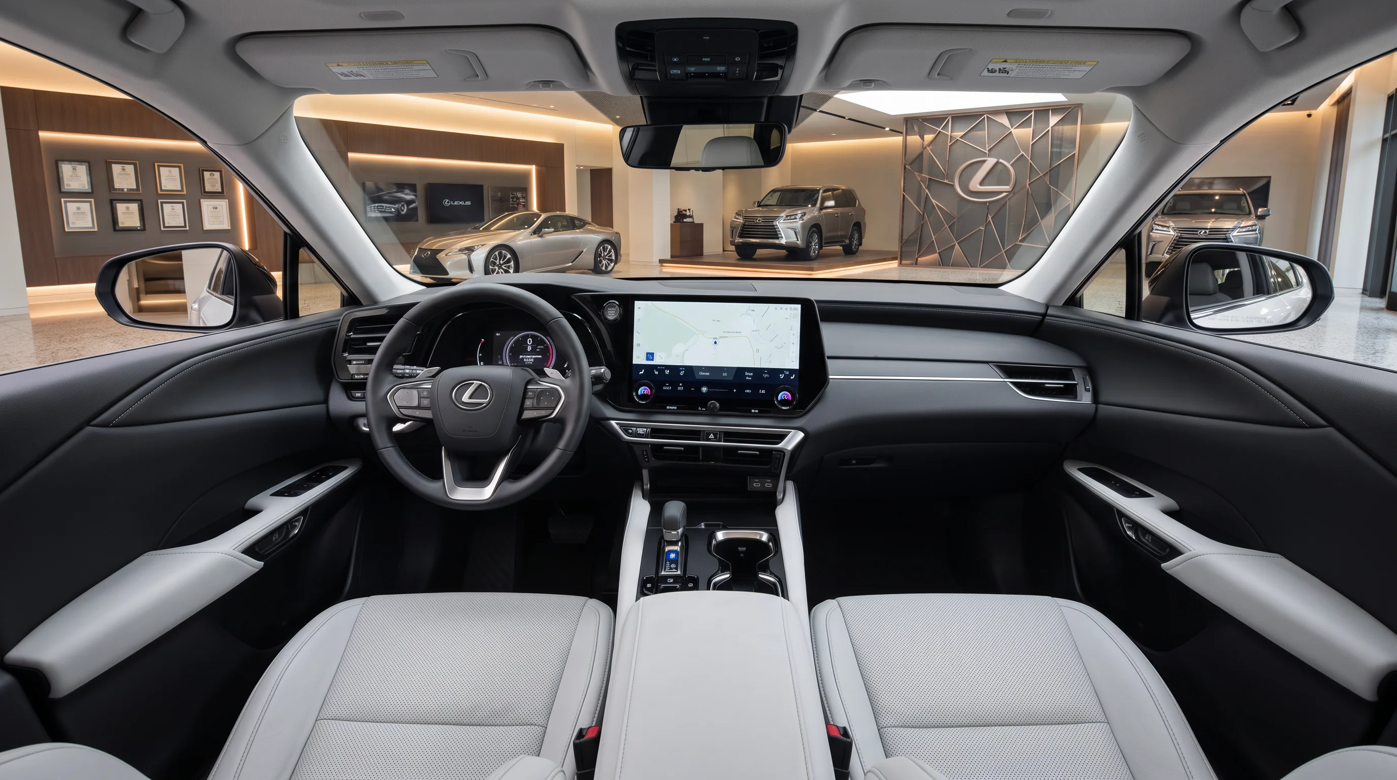 2026 Lexus RX interior showing the Lexus Interface touchscreen, 12.3-inch multi-information display, and front seats