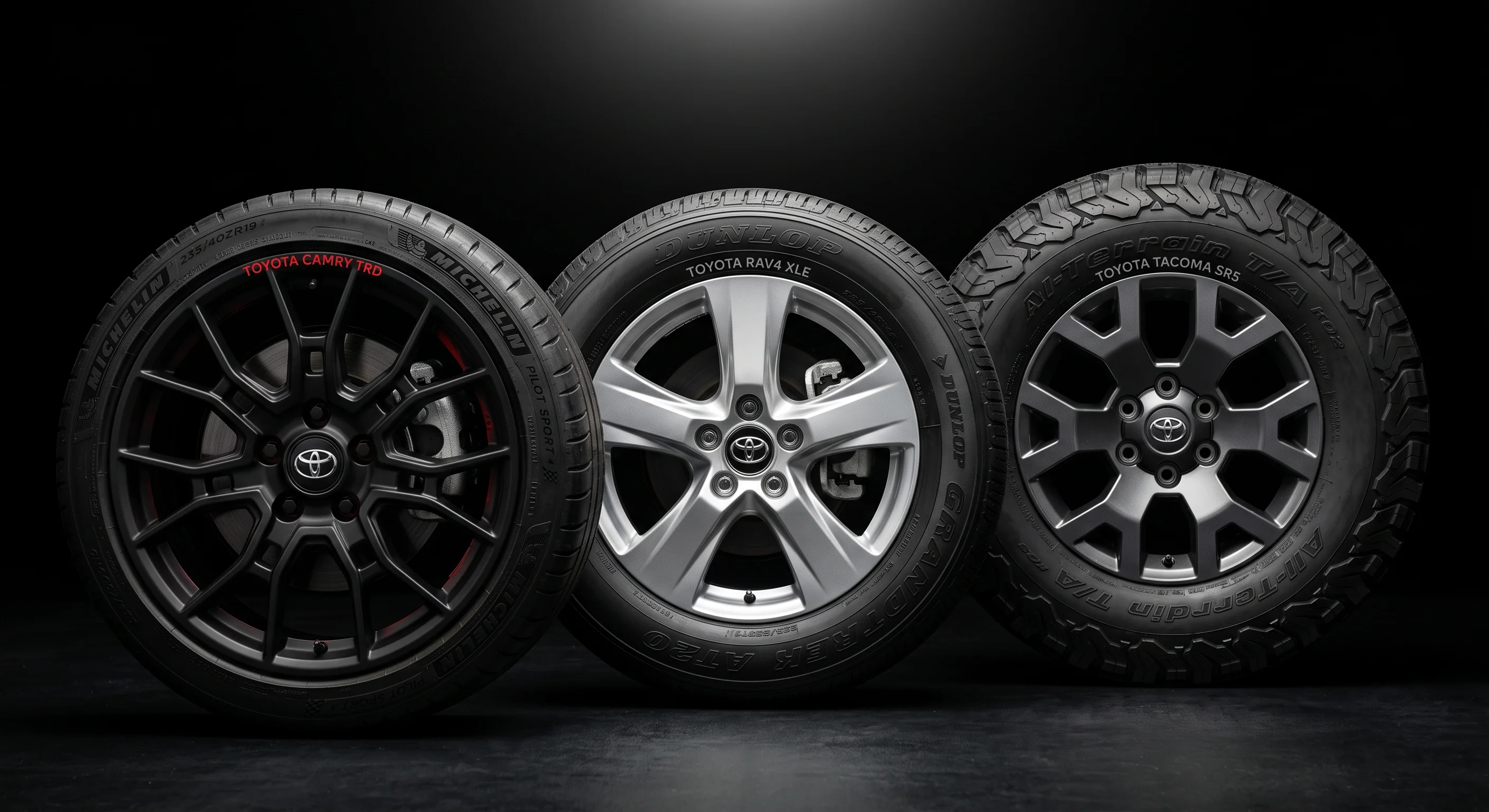 Three Toyota wheel and tire combinations displayed side-by-side, featuring wheels for Camry TRD, RAV4 XLE, and Tacoma SR5 models against a dark background - Temecula Valley Toyota in Temecula, California