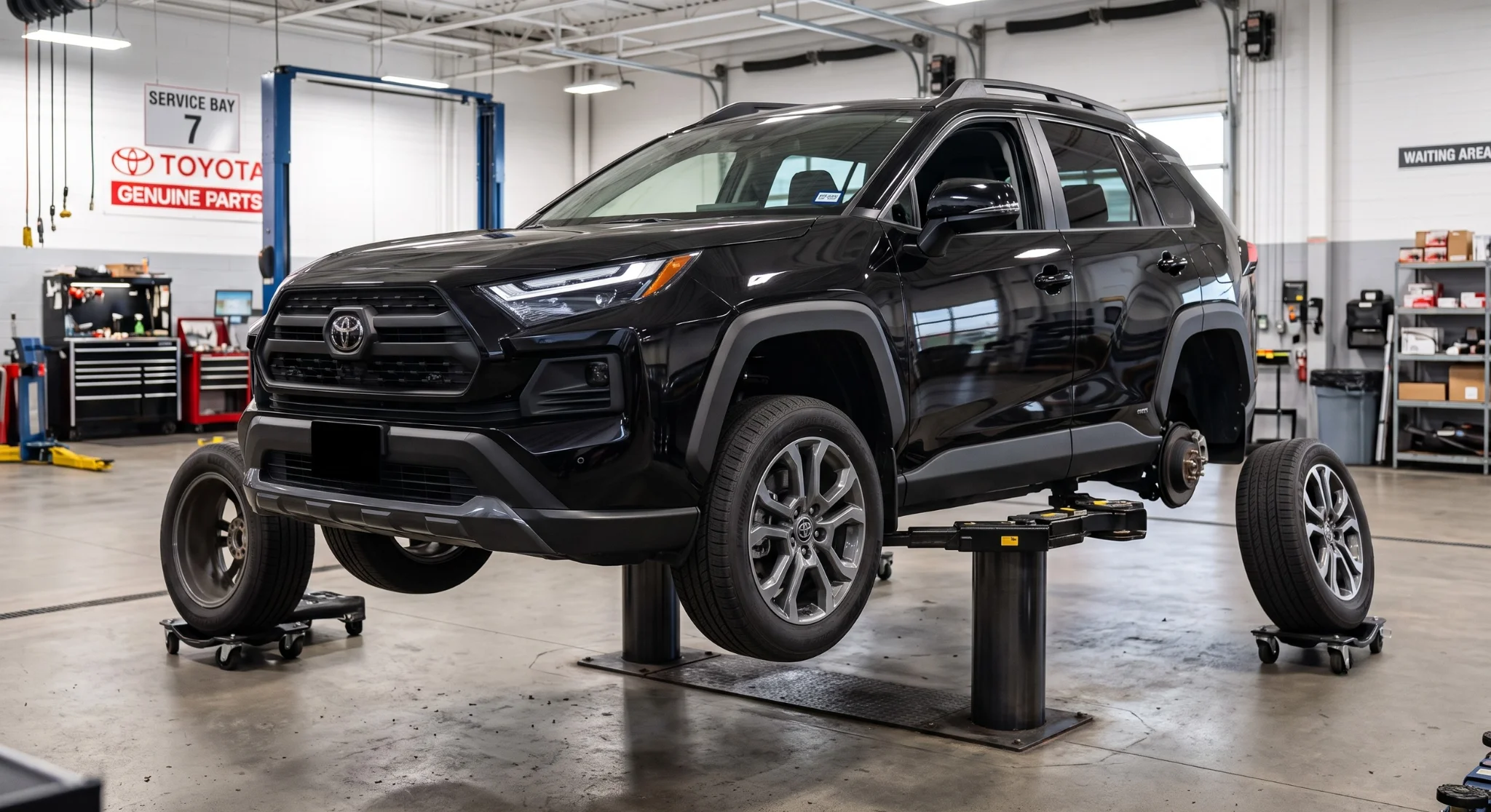 Technician rotating tires on a lift during a service visit at Toyota of Glendale in Glendale, CA