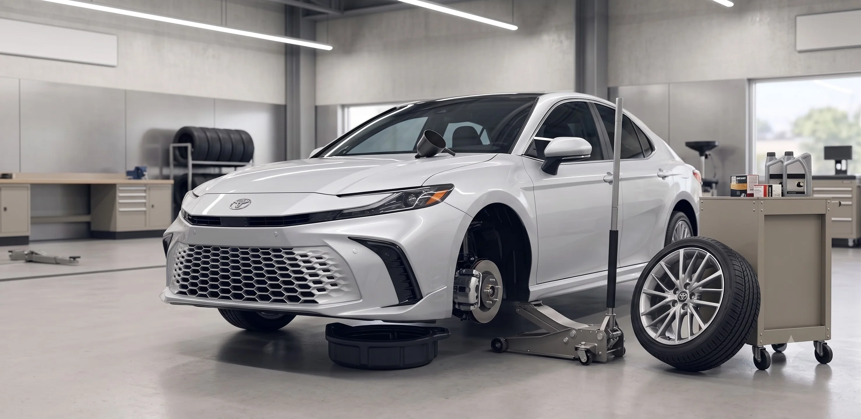 Technician performing an oil change on a Toyota Camry at Toyota of Glendale service center