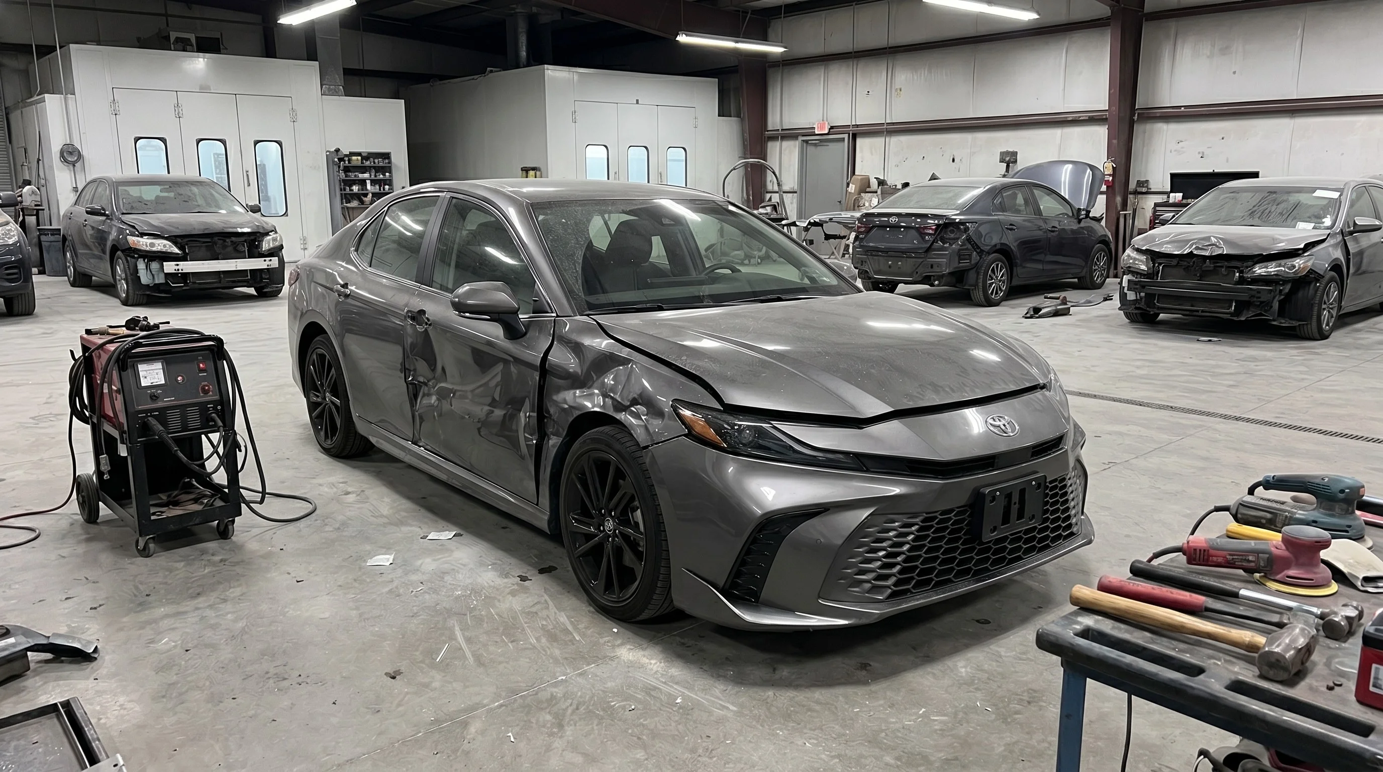 Toyota-certified collision center technician inspecting vehicle at North Hollywood Toyota
