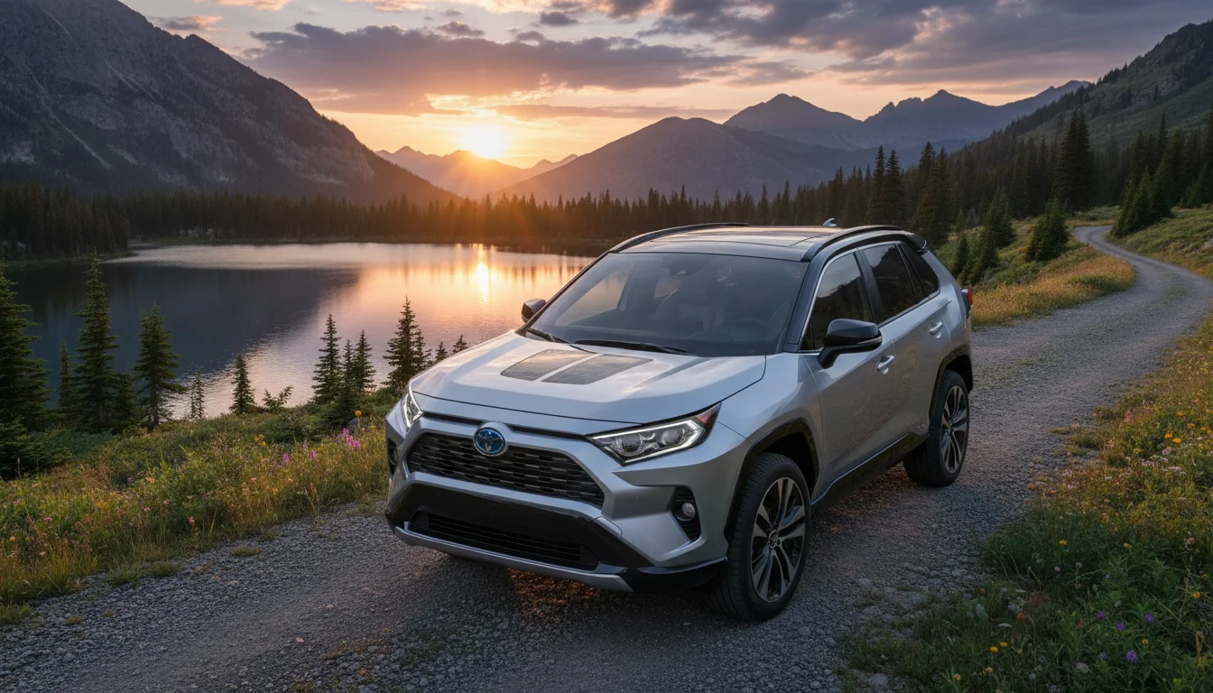 AI generated: 2026 Toyota RAV4 hybrid SUV, exterior view, parked in a scenic outdoor setting.