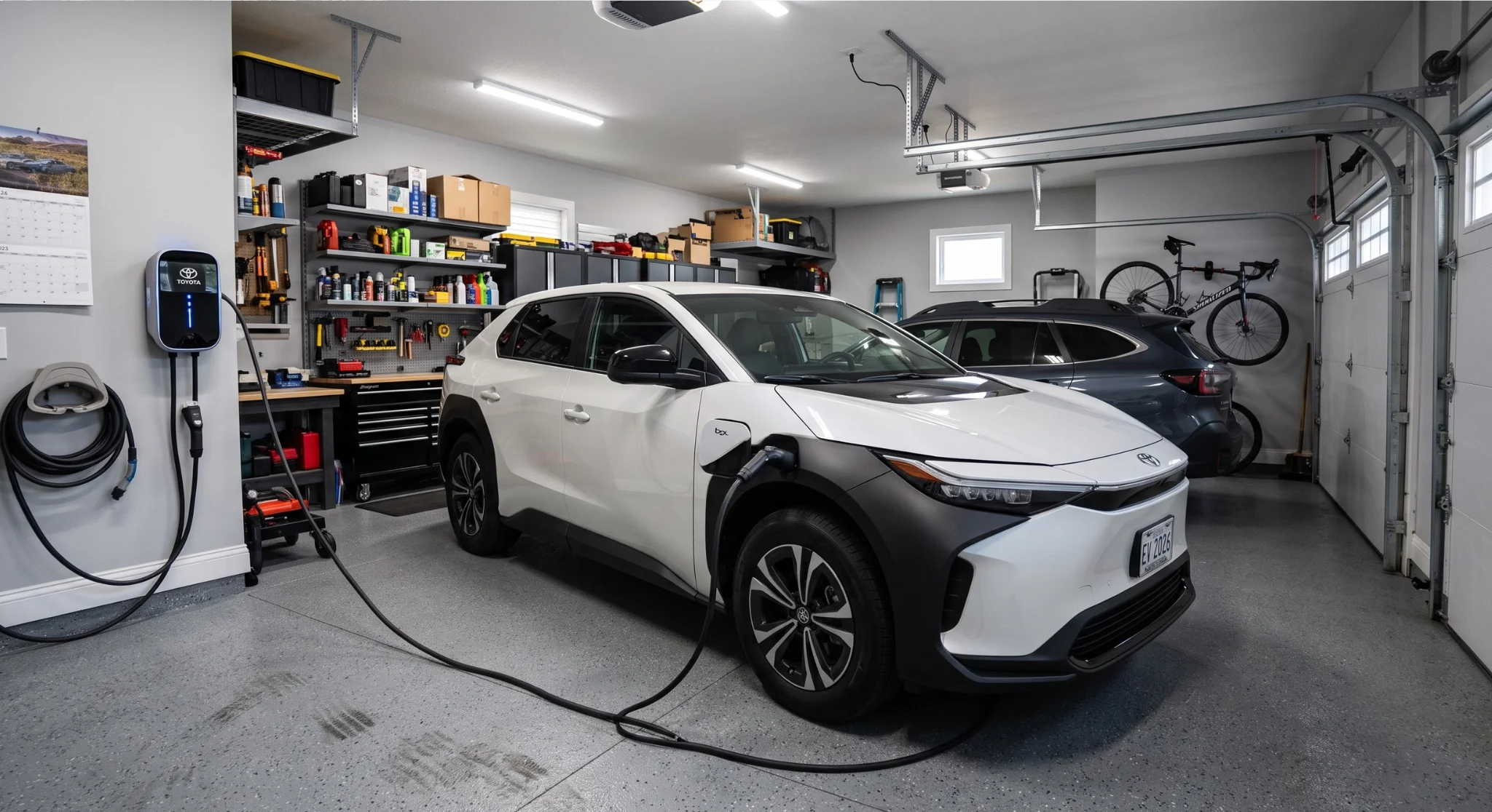 Level 2 home EV charger connected to an electric vehicle in a residential garage