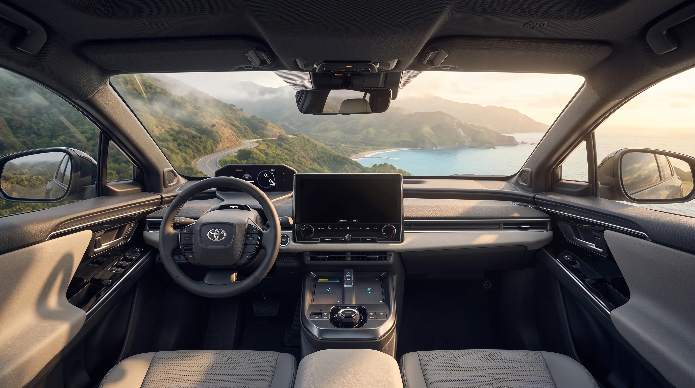 Toyota bZ electric SUV interior showing dashboard, center console, and multimedia display