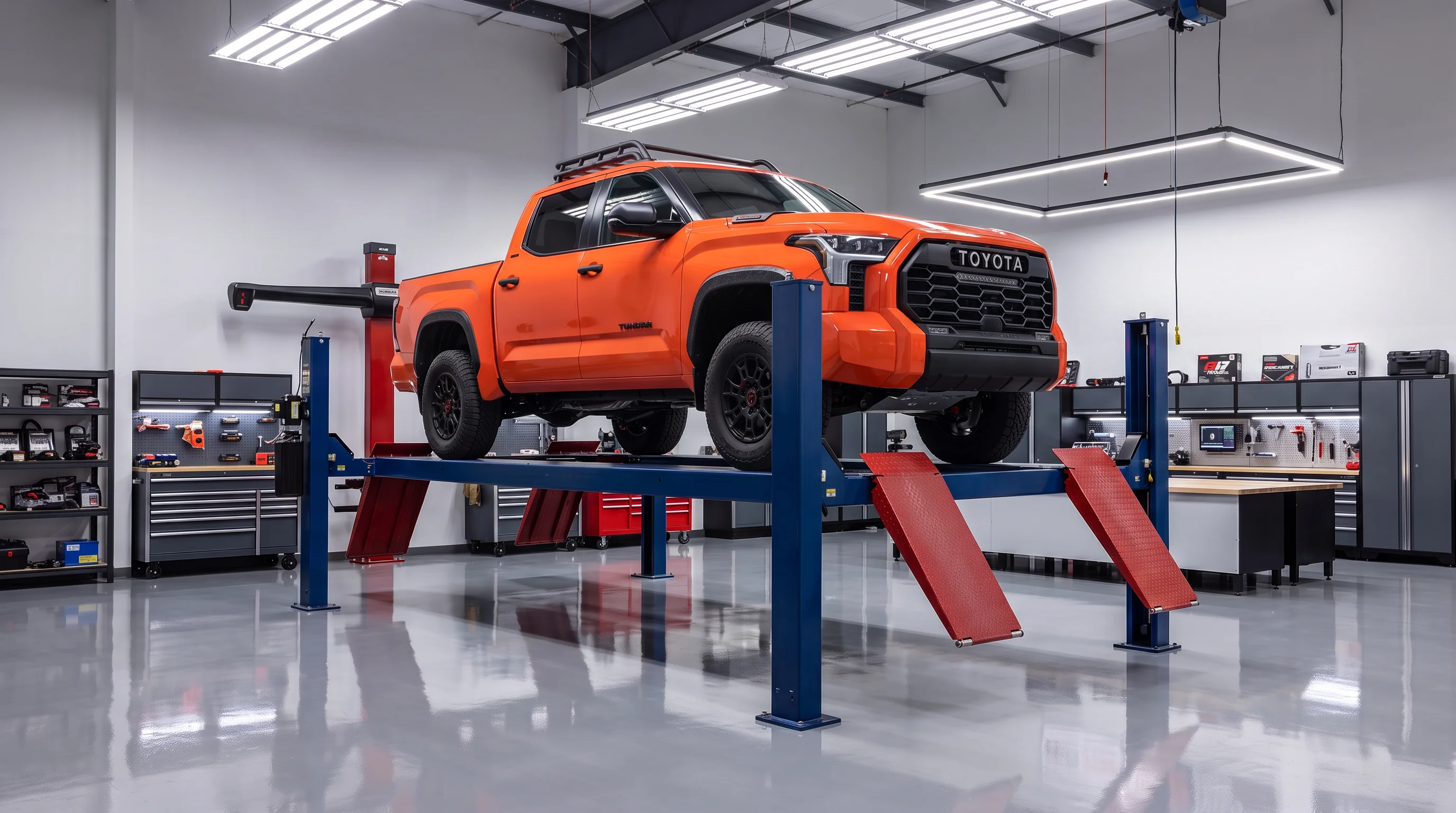 2026 Toyota Tundra undergoing scheduled maintenance inspection at the Tustin Toyota service center