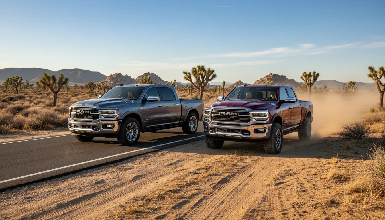 2026 Ram 1500 and Ram 2500 driving side by side on a Southern California high desert road near Victorville