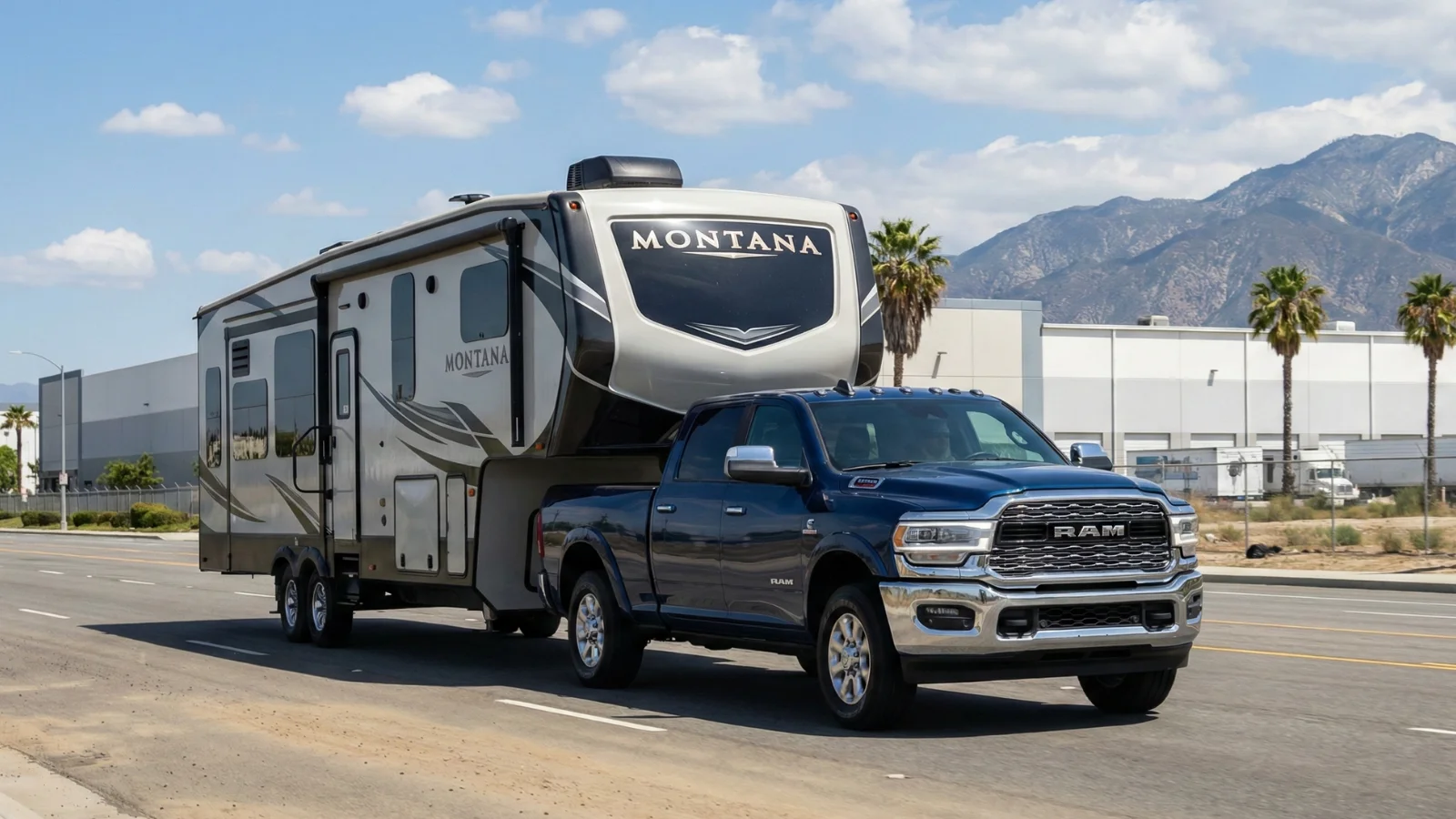 2026 RAM truck towing heavy trailer in Victorville California High Desert
