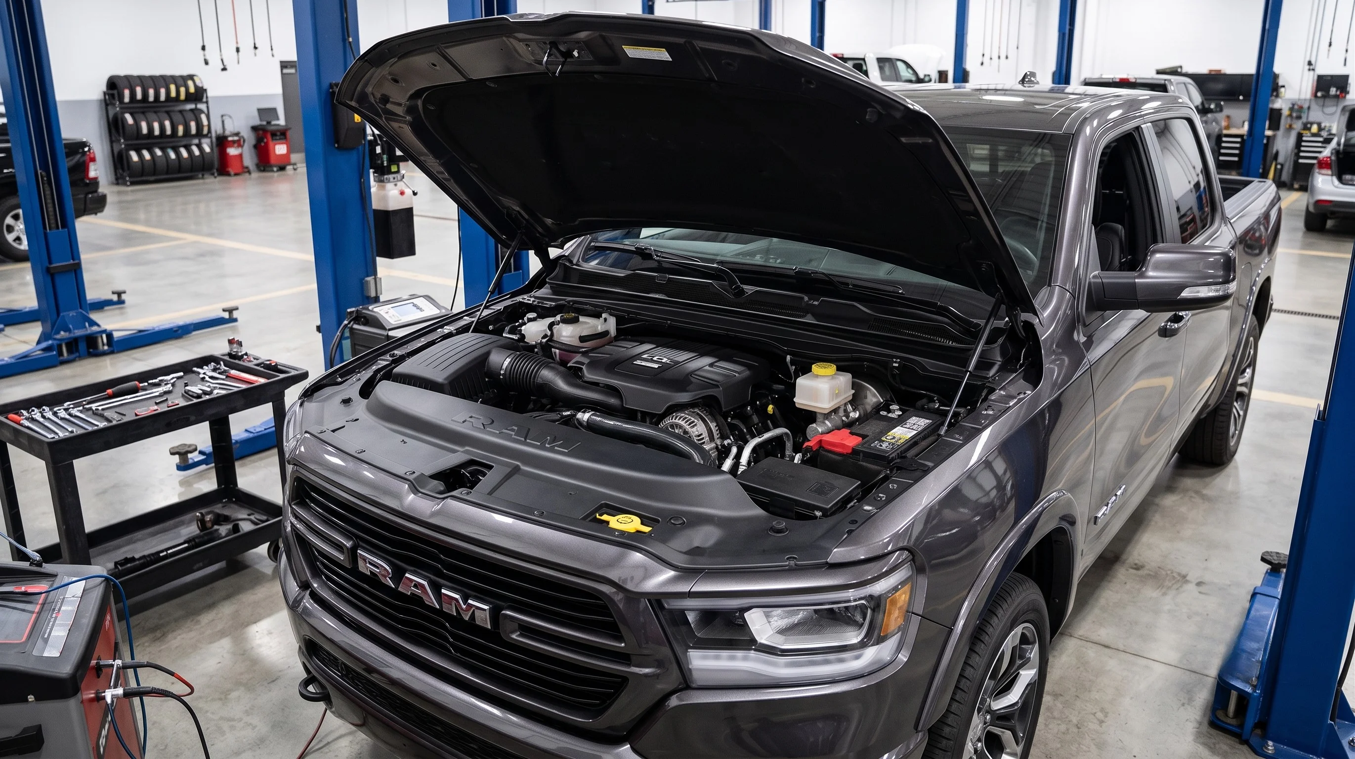 Mopar-certified technician performing a Ram truck oil change at Victorville Motors in Victorville, CA
