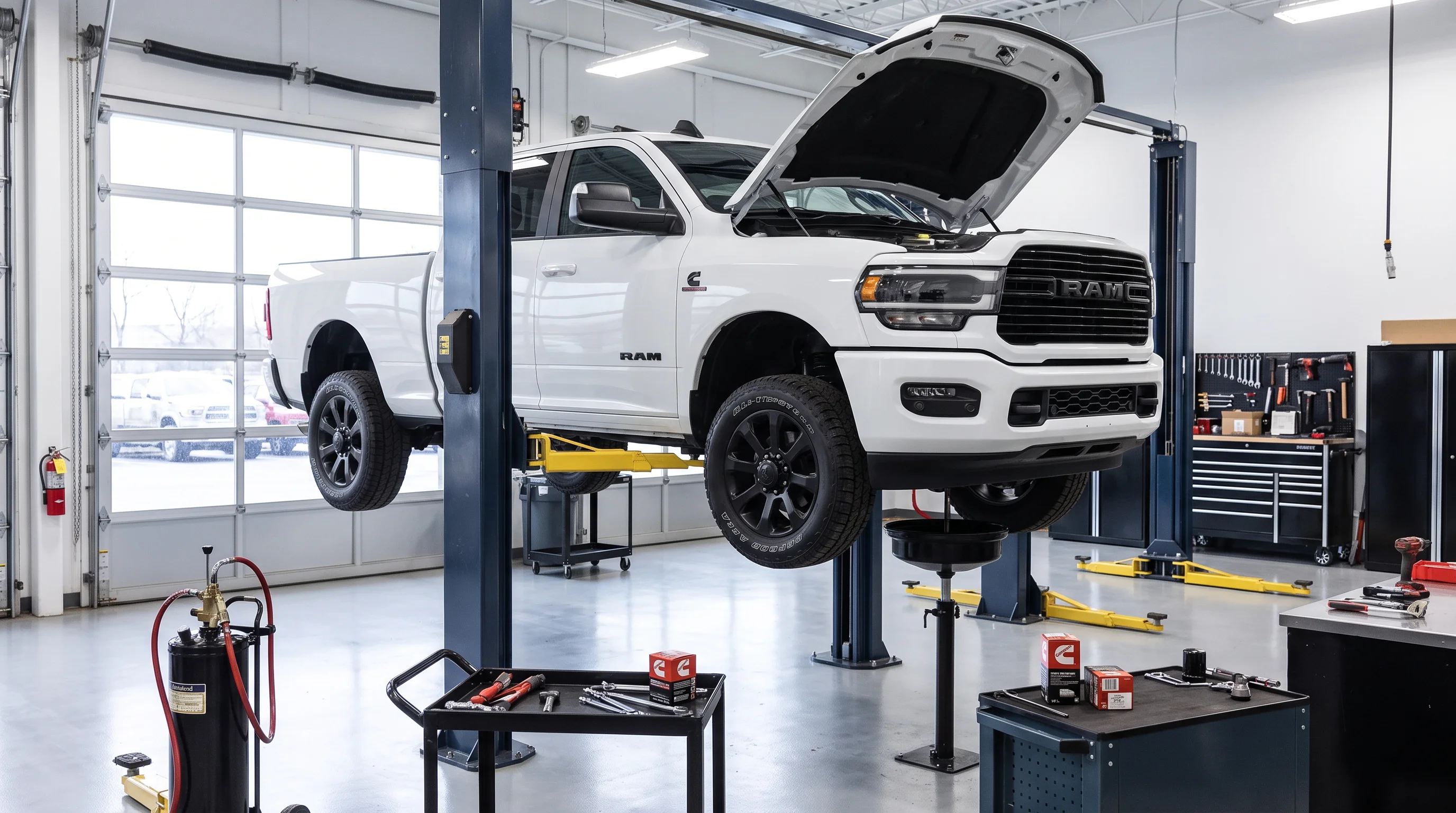 Ram diesel truck in for oil change service at the Victorville Motors service department in Victorville, CA